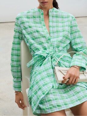 Mango Green Plaid Tie-Waist Long Sleeve Dress